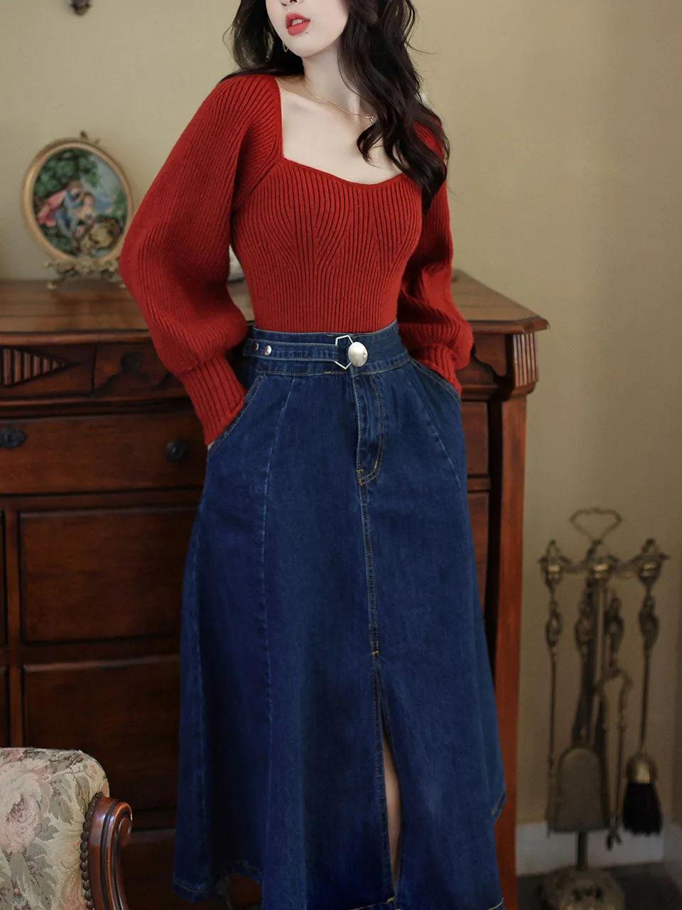 1950S Vintage Red Puffed Sleeve Sweater And Denim Swing Skirt Set