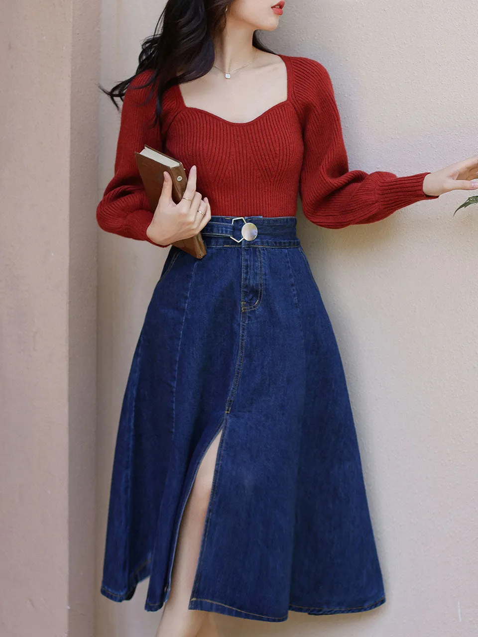 1950S Vintage Red Puffed Sleeve Sweater And Denim Swing Skirt Set