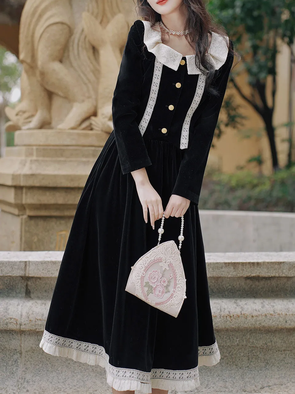 2PS Black Velvet Dress With White Lace Collar Top and Swing Skirt Vintage 1950s Suits