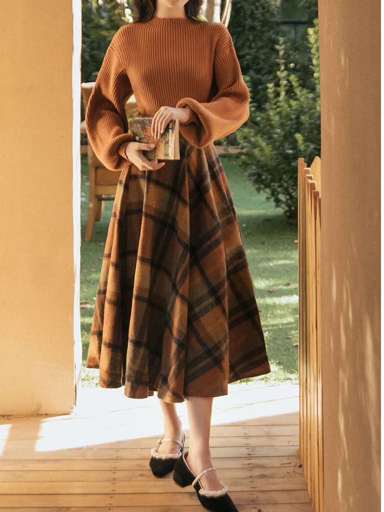 2PS Brown Sweater And Plaid Swing Skirt 1950S Vintage Audrey Hepburn's Style Outfits