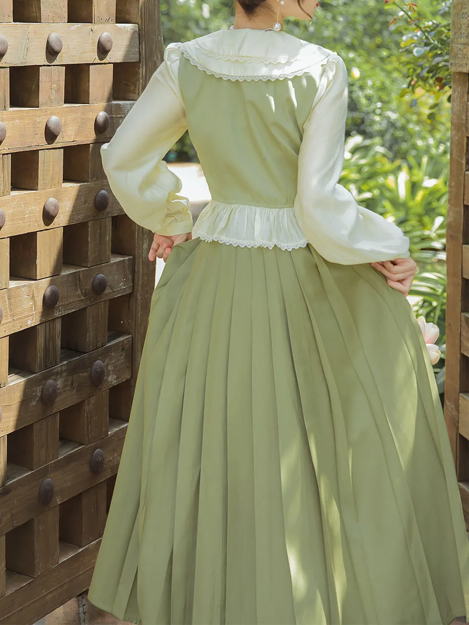 2PS Light Green Peter Pan Collar Ruffles Blouse And Green Swing Skirt 1950S Dresss Set