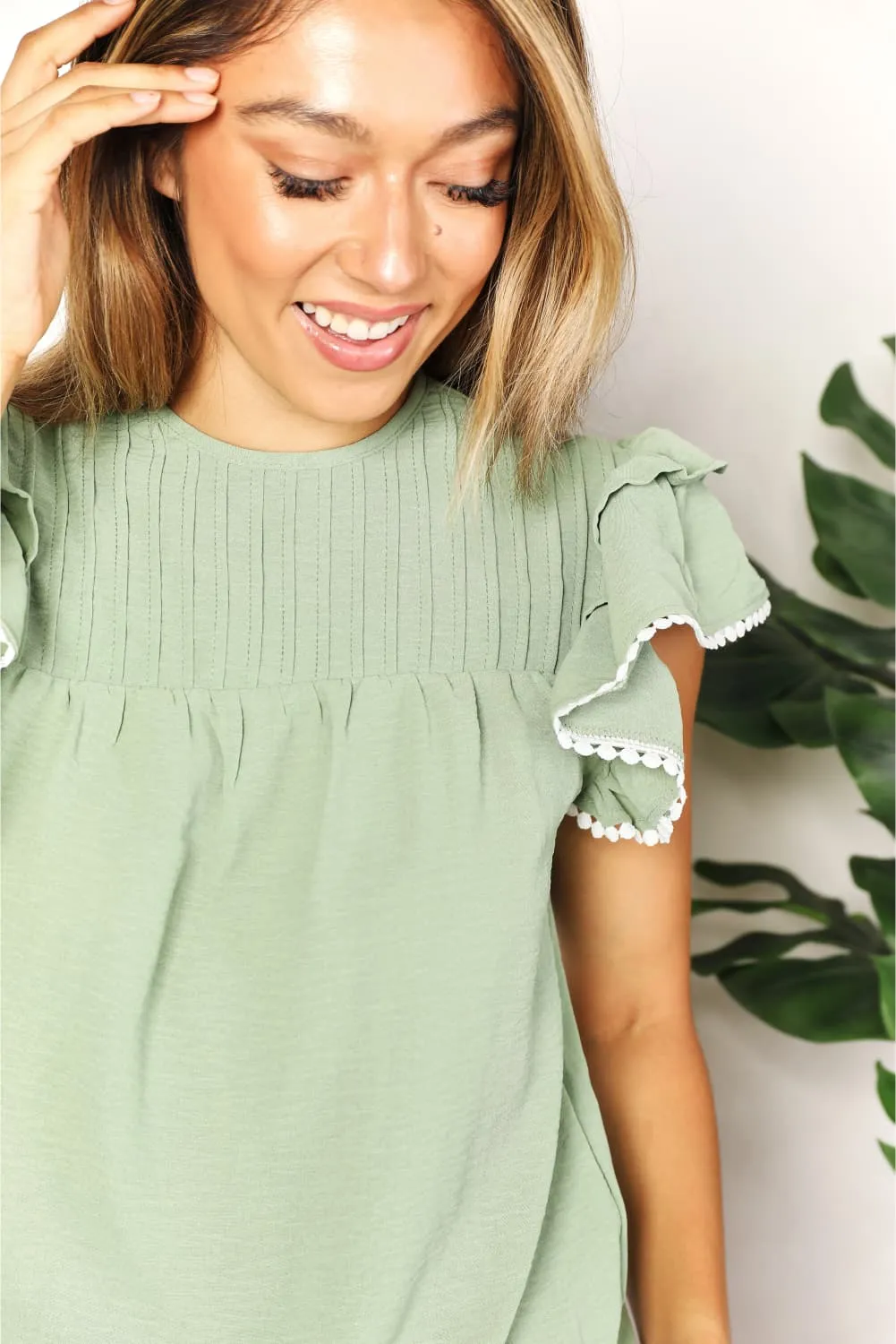 Boho Blouse For Women Double Take Pleated Detail Flutter Sleeve Blouse