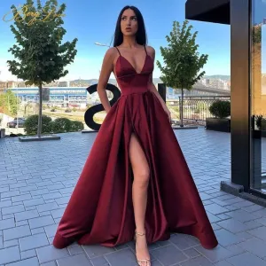 Burgundy V Neck Satin Front Split Evening Dress EV2002