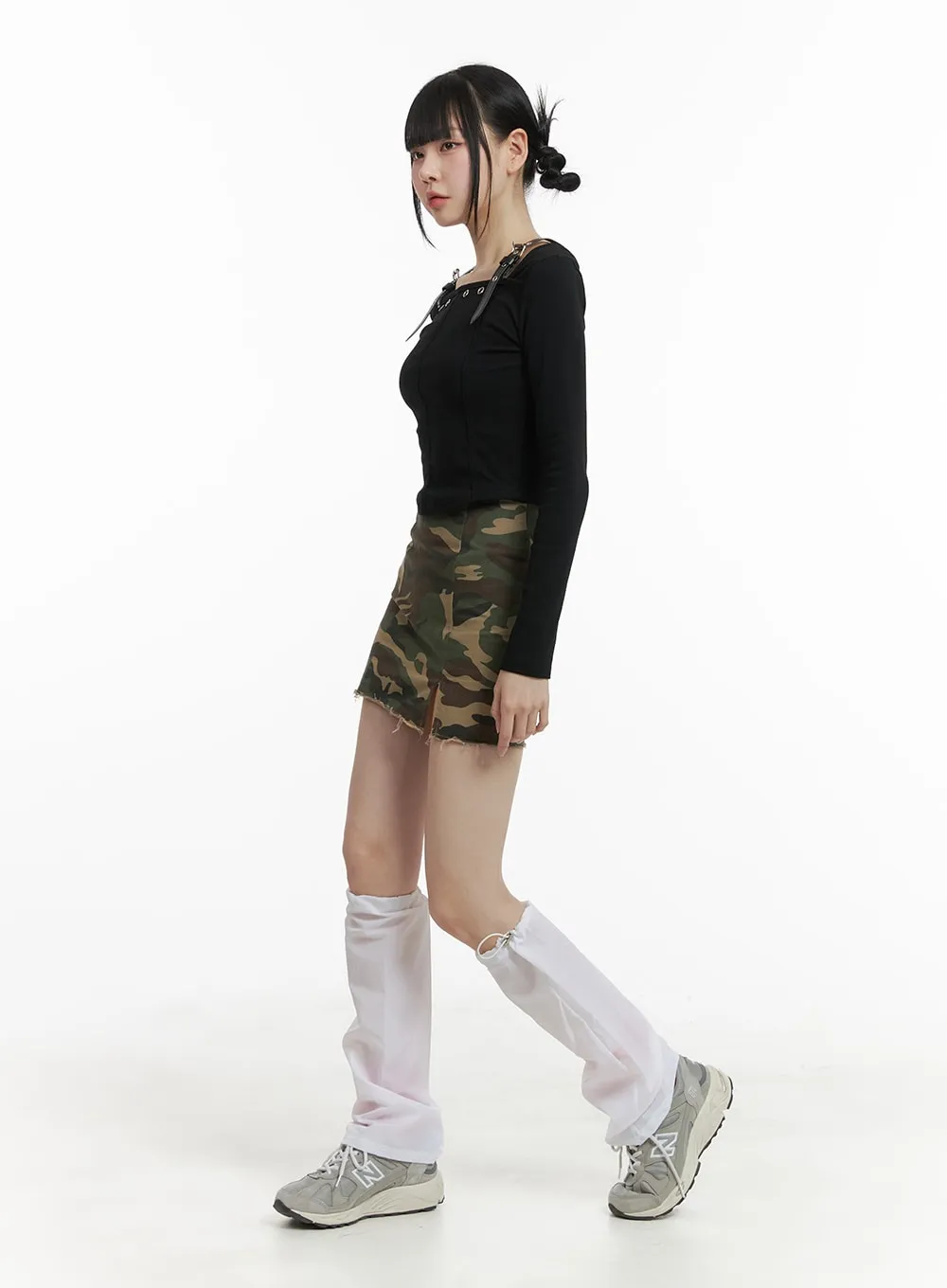 Camo Split Destroyed Hem Mini Skirt OM426