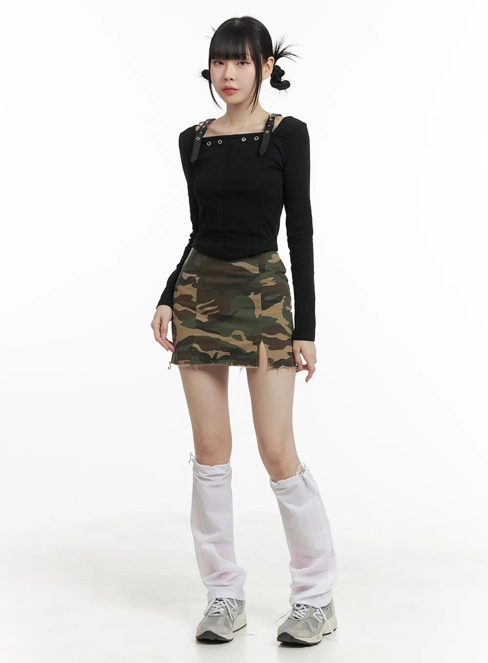 Camo Split Destroyed Hem Mini Skirt OM426