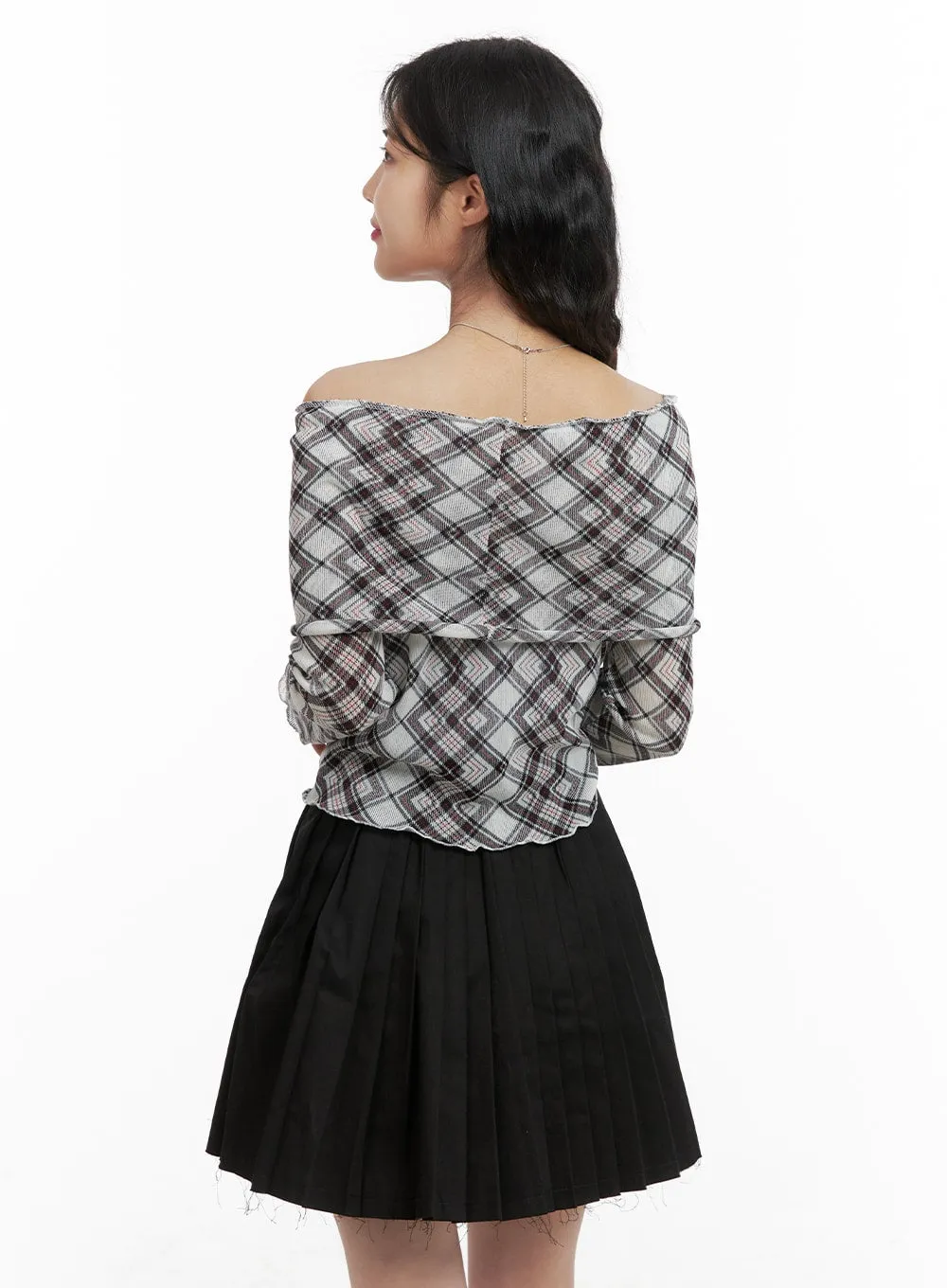 Checked Off-Shoulder Top OM422