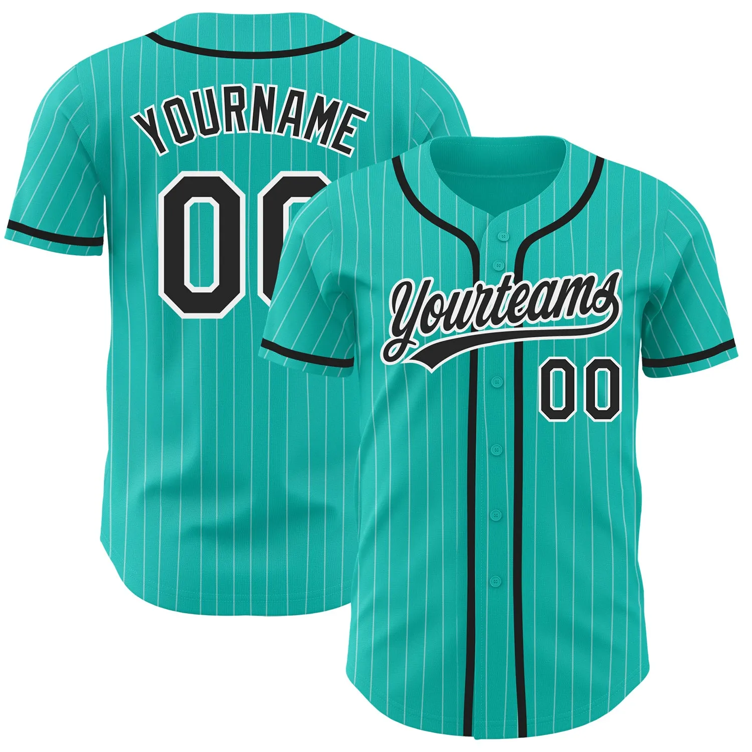 Custom Aqua White Pinstripe Black Authentic Baseball Jersey