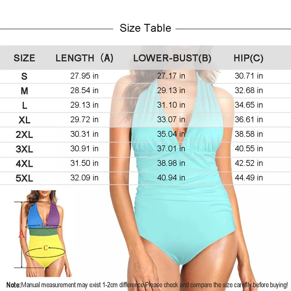 Custom Face Multiple Color Women's Halter Neck Tie One Piece Swimsuit Sexy Backless Wide Straps V Neck