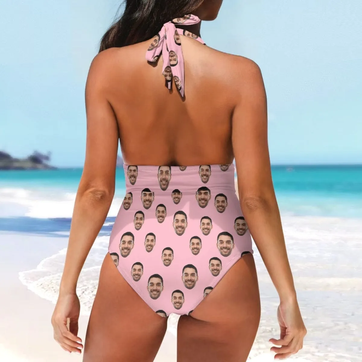 Custom Face Multiple Color Women's Halter Neck Tie One Piece Swimsuit Sexy Backless Wide Straps V Neck