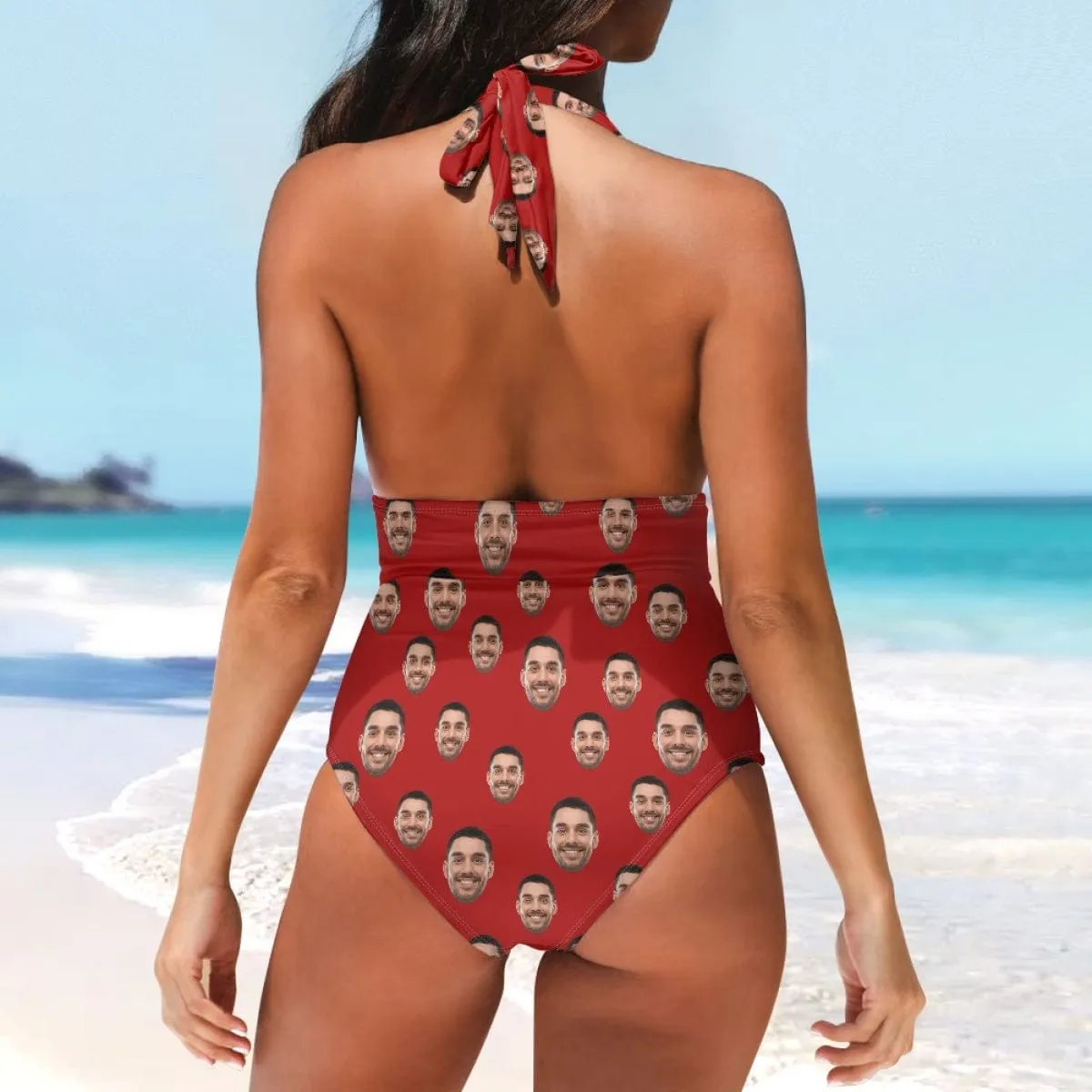 Custom Face Multiple Color Women's Halter Neck Tie One Piece Swimsuit Sexy Backless Wide Straps V Neck