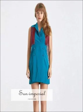 Daphne Dress - Patchwork Women Dress Lapel Collar Sleeveless High Waist Button Split Mini