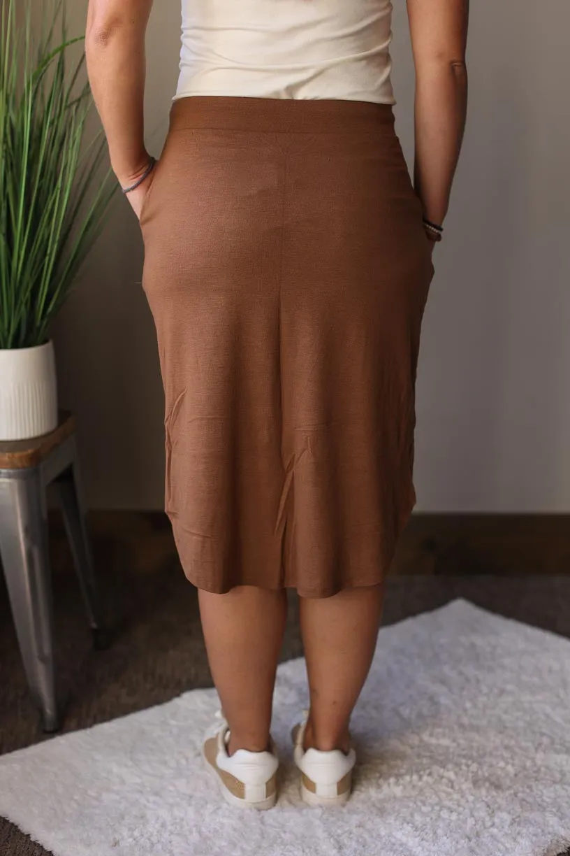 Dark Camel Drawstring Waist Knit Pocket Midi Skirt