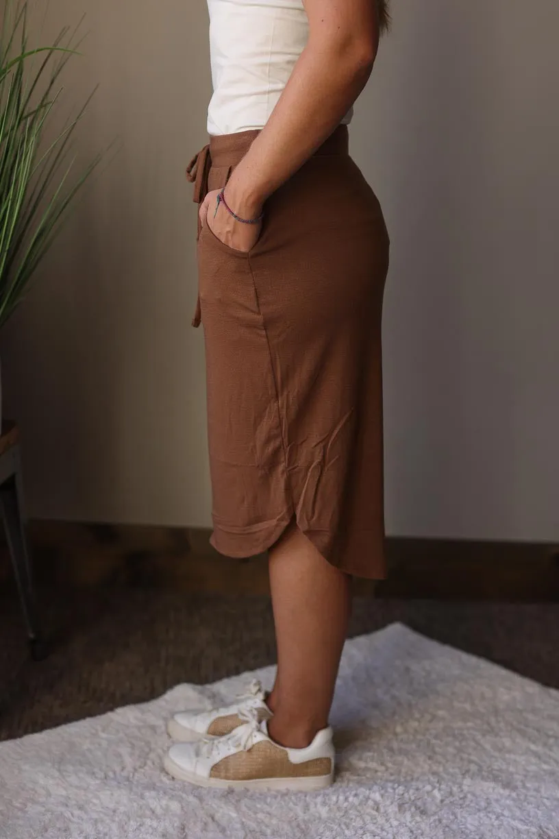 Dark Camel Drawstring Waist Knit Pocket Midi Skirt