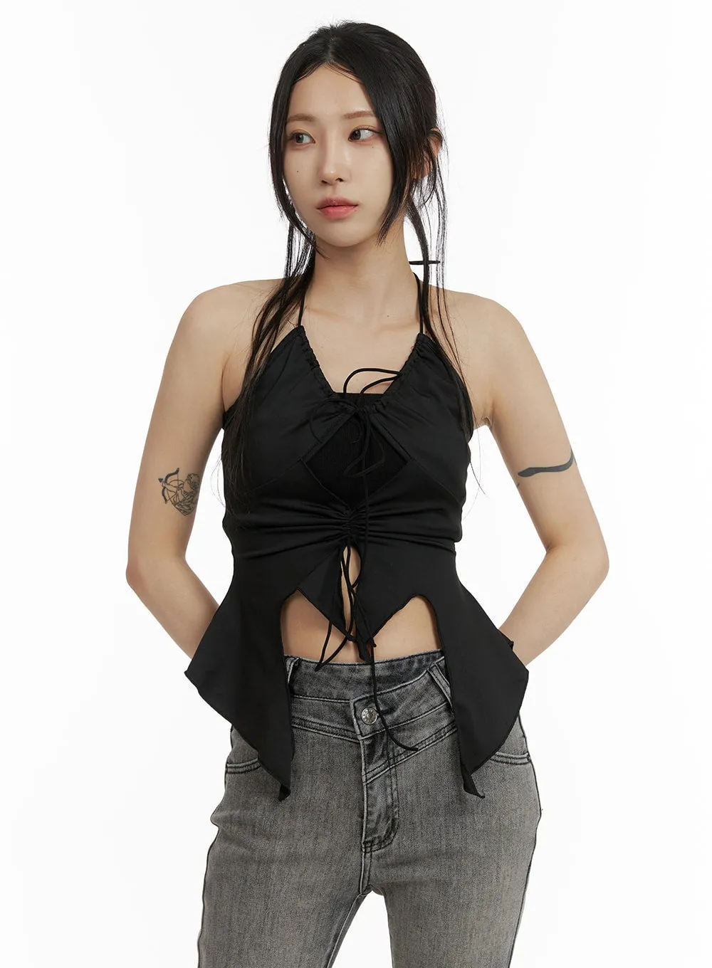 Dark Grunge Shirred Ruffle Halter Top CF428