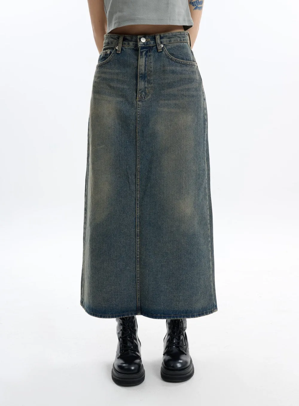 Denim Split Maxi Skirt IF413