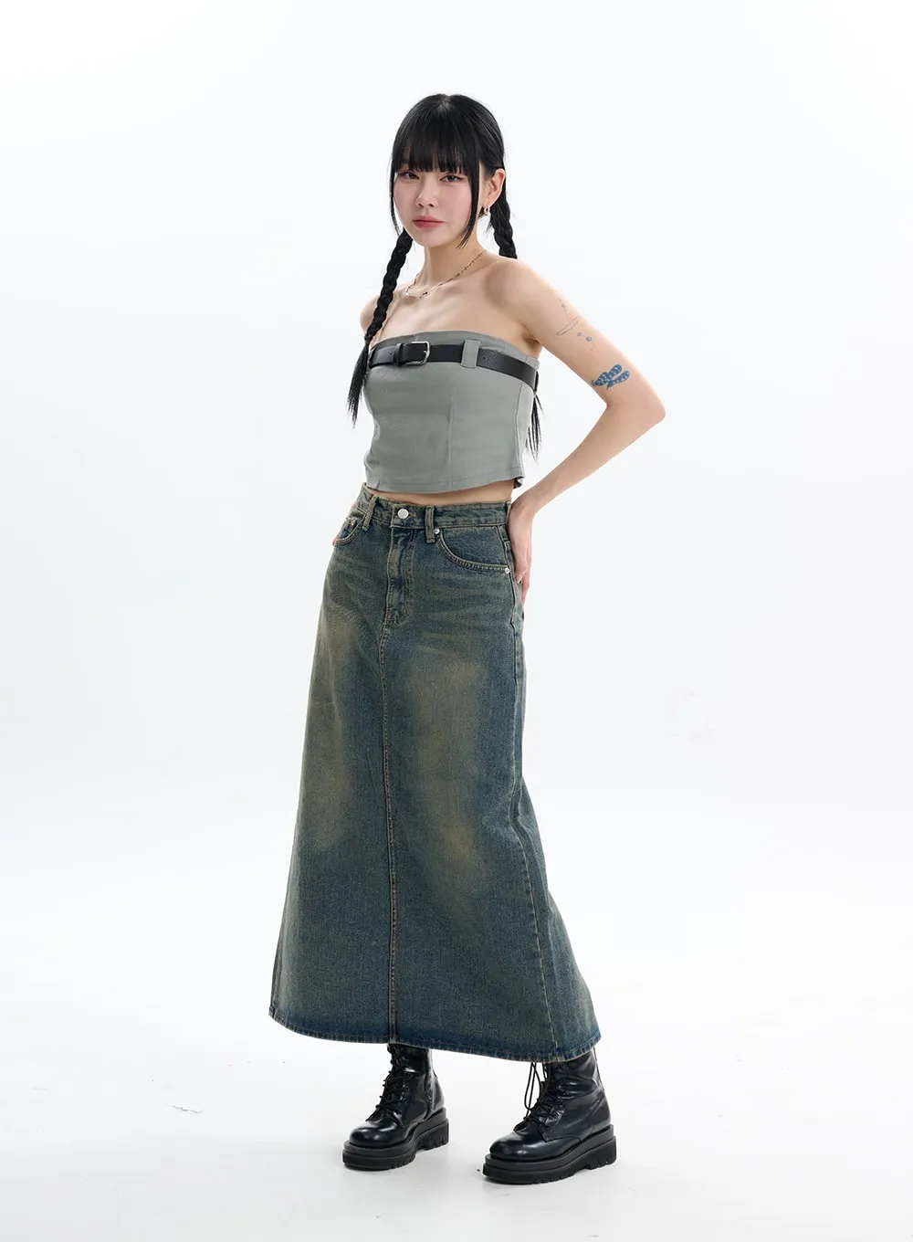 Denim Split Maxi Skirt IF413