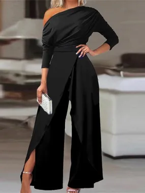 Elegant Black High Waist Jumpsuit with Split and Cold Shoulder for Women