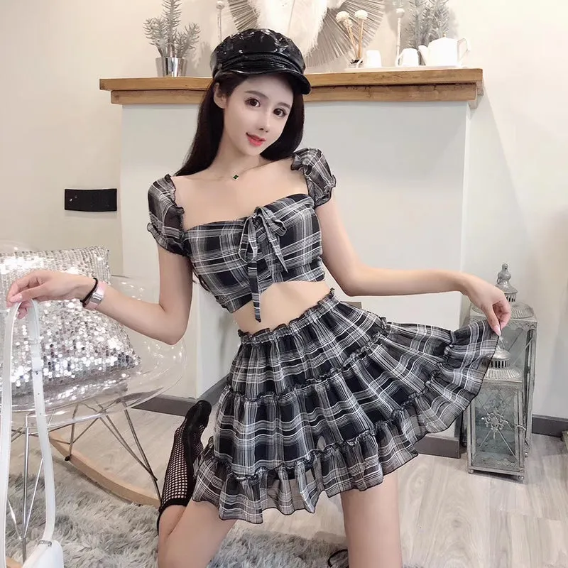 Gothic Plaid Crop Top   High Waist Mini Skirt Set AD11820