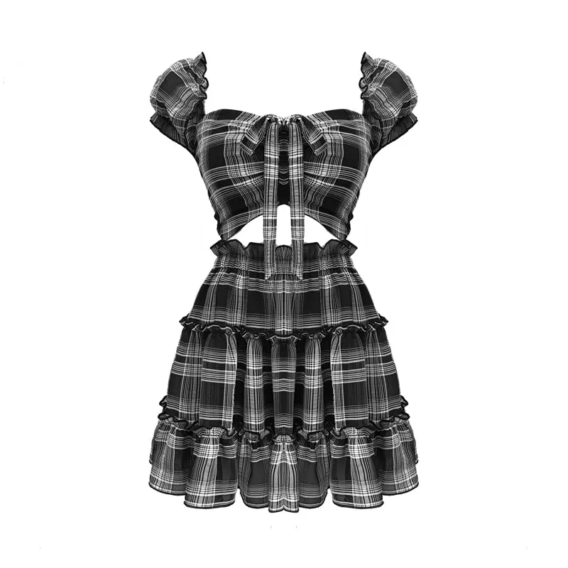 Gothic Plaid Crop Top   High Waist Mini Skirt Set AD11820