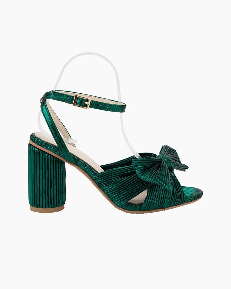 Green Pleated Bow Chunky Ankle High Heel Sandals