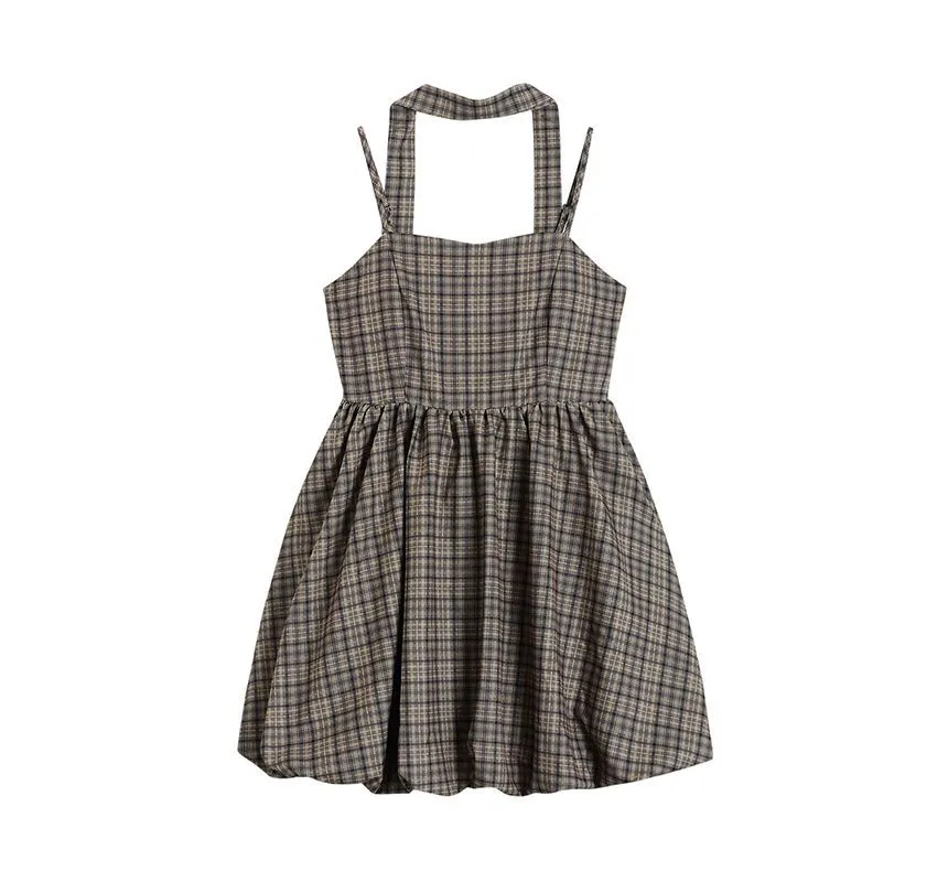 Halter-Neck Plaid Mini A-Line Dress aa16