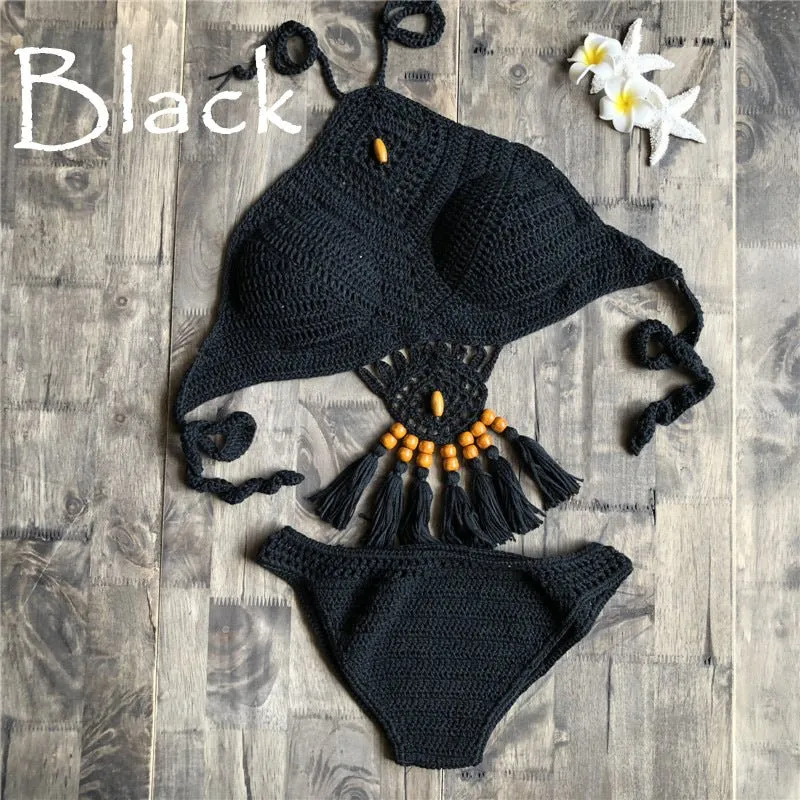 Laceup Hollow Out Cutout Bikini Women Handmade Knitted Split Swimsuit Swimwear