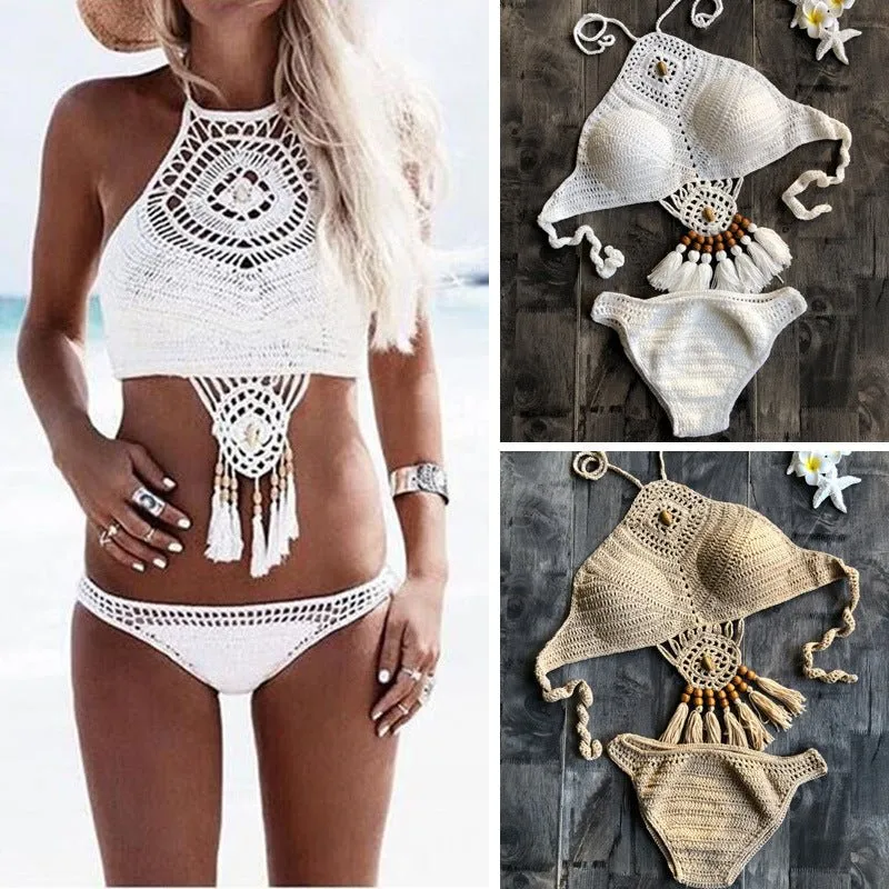 Laceup Hollow Out Cutout Bikini Women Handmade Knitted Split Swimsuit Swimwear