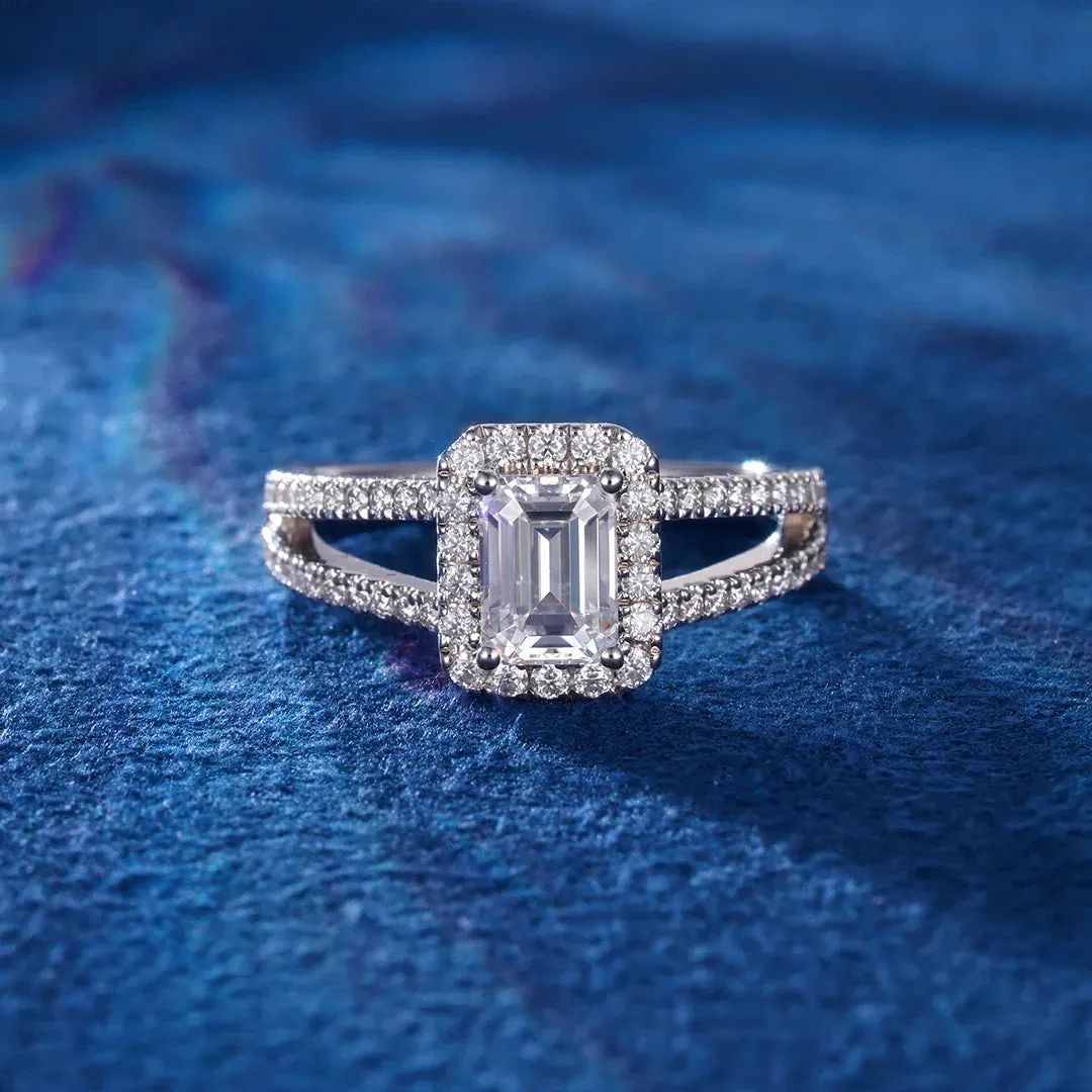 Moissanite Emerald Cut Halo Split Shank Engagement Ring