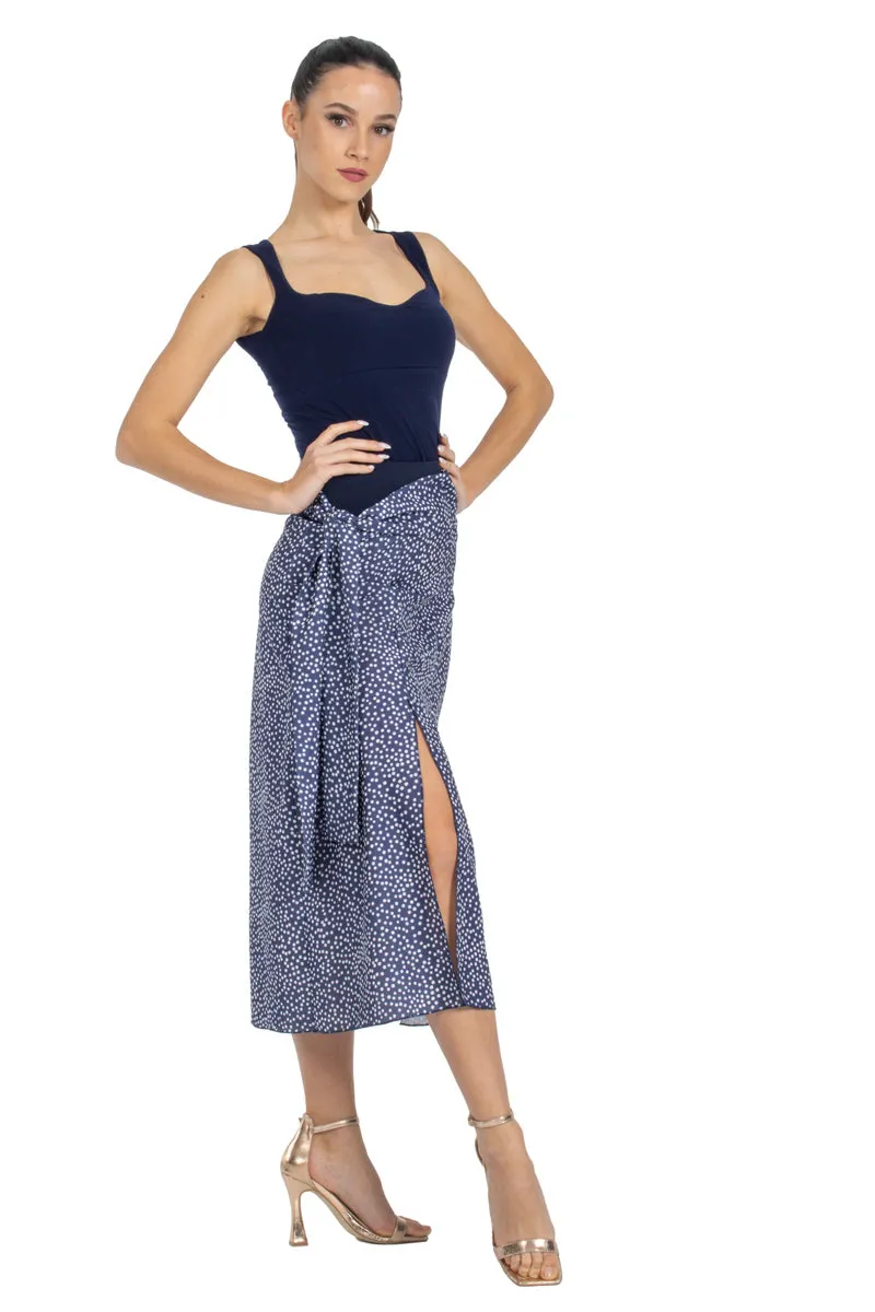 Navy Polka-Dot Matte Satin Dance Skirt With Tie