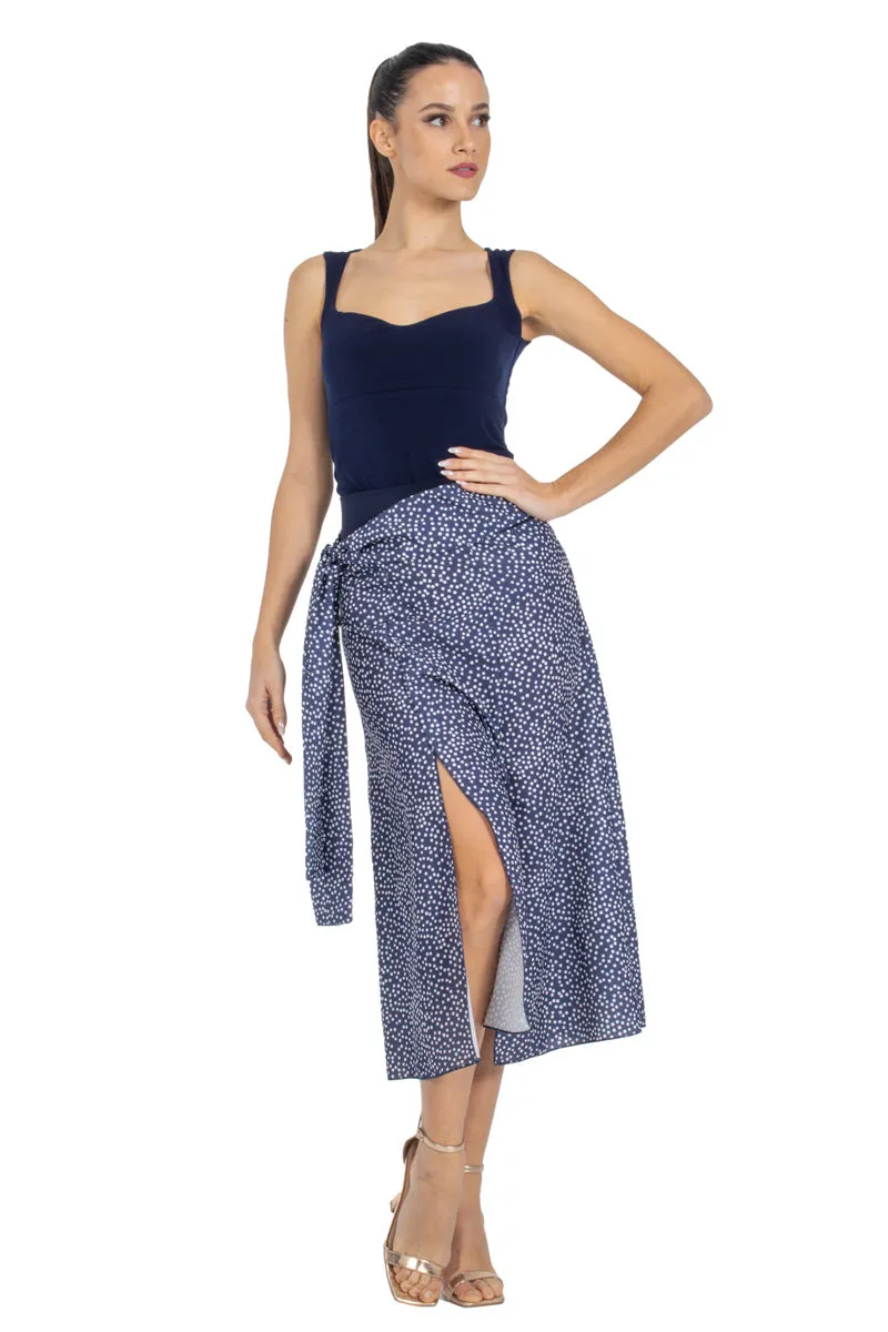 Navy Polka-Dot Matte Satin Dance Skirt With Tie