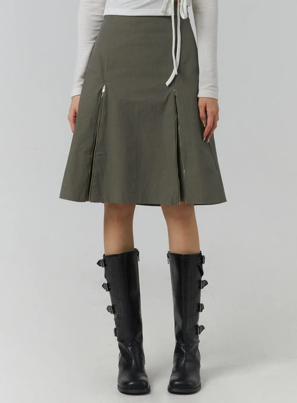 Pleated Zip Up Mid Skirt CJ419