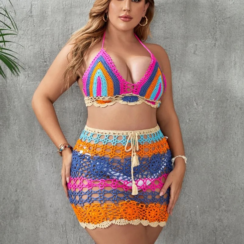 plus Size Pure Hand Crocheting Hollow Out Cutout Sexy Color Split Bikini Suit Women