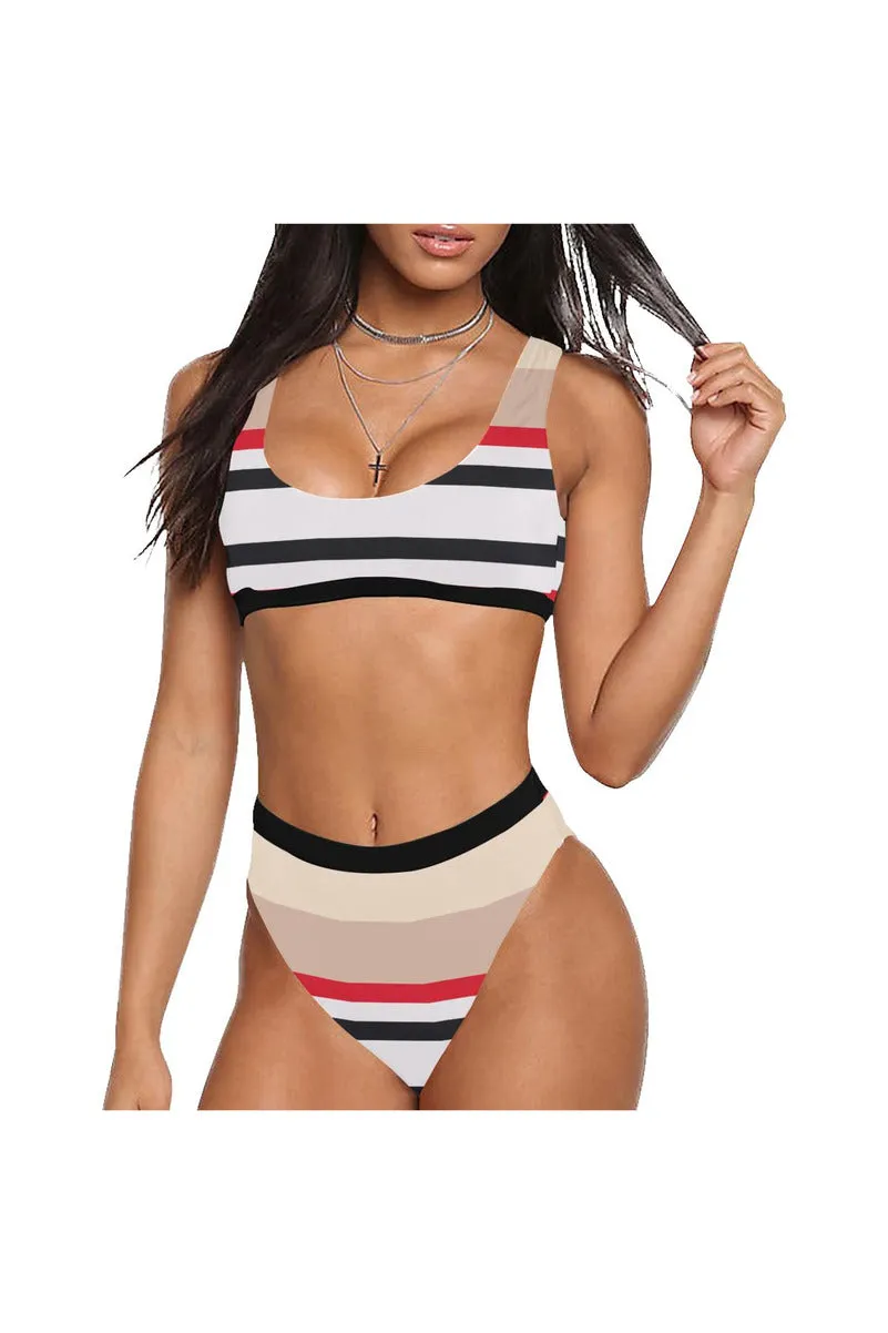 Red & Black Stripe Top & High-Waisted Bikini Swimsuit