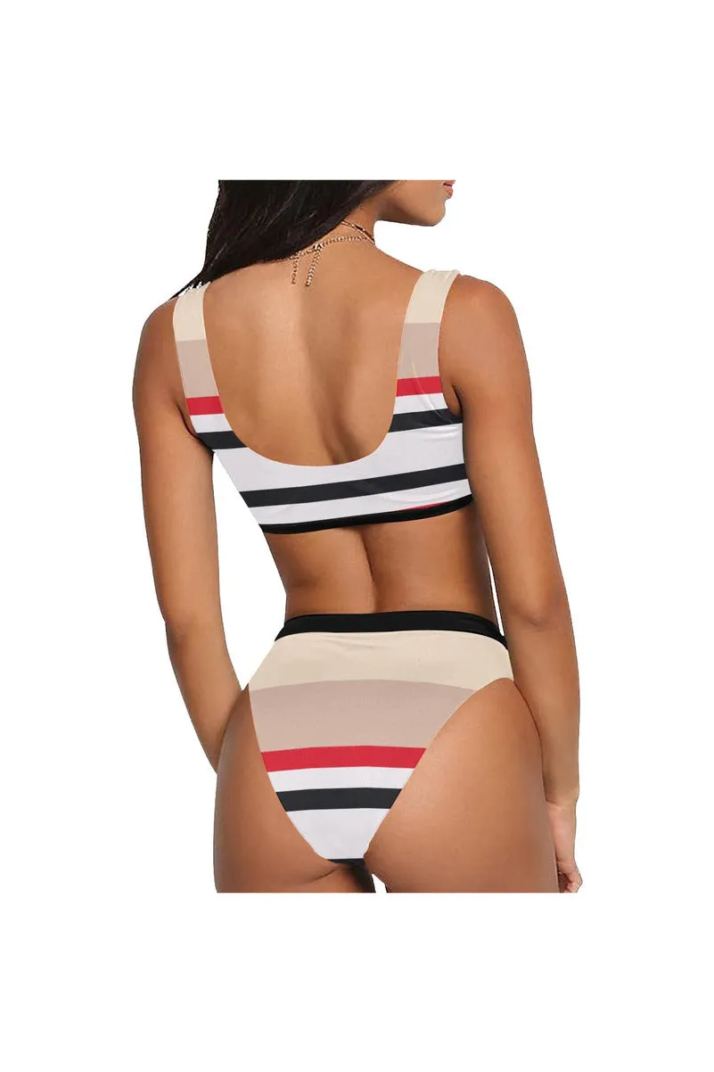 Red & Black Stripe Top & High-Waisted Bikini Swimsuit