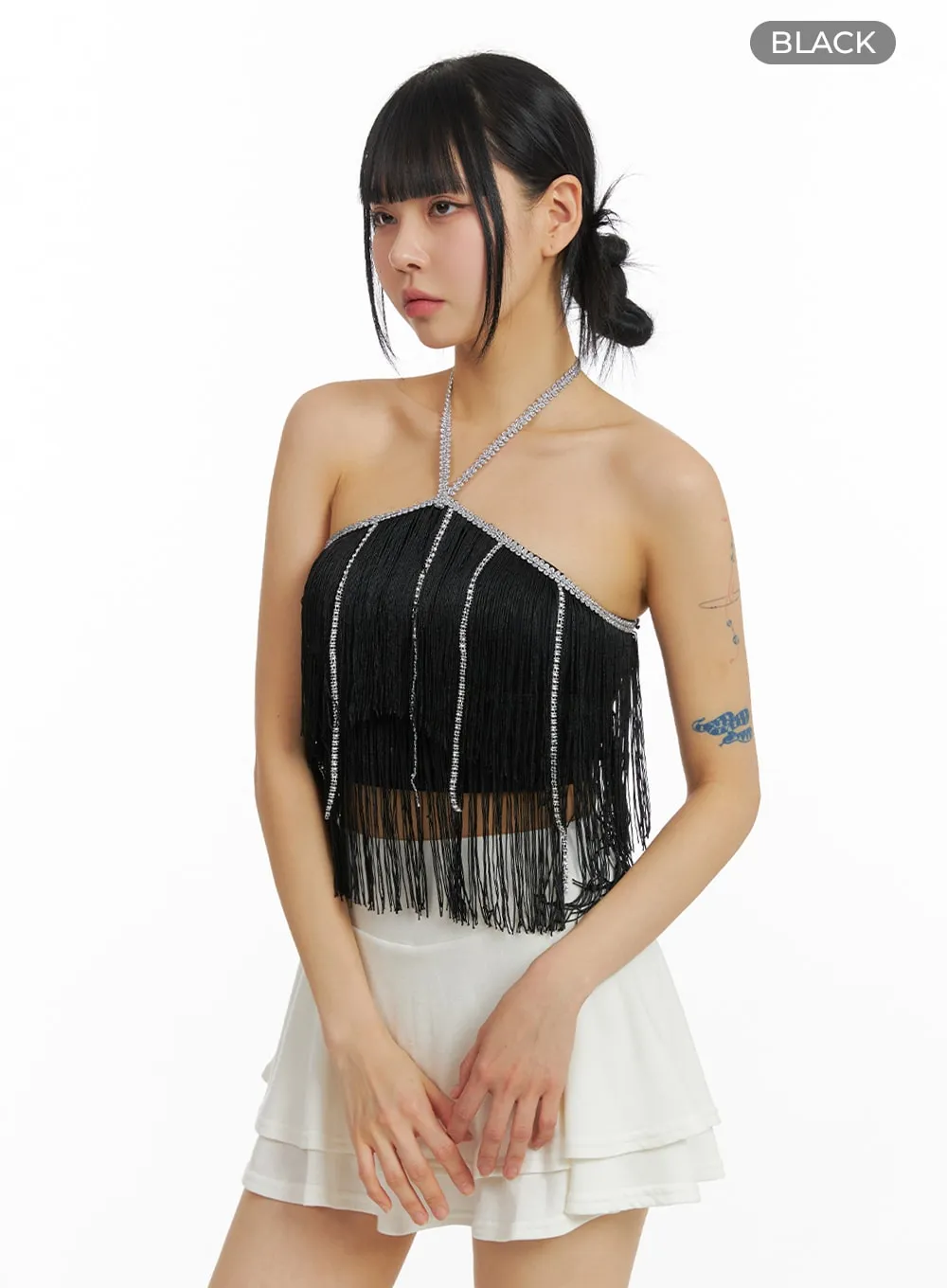 Rhinestone Tassel Halter Crop Top IM414