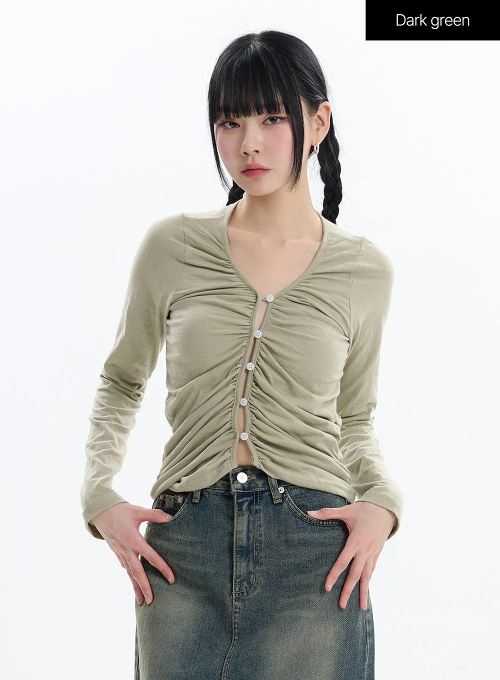 Ruched Button Crop Long Sleeve IF413