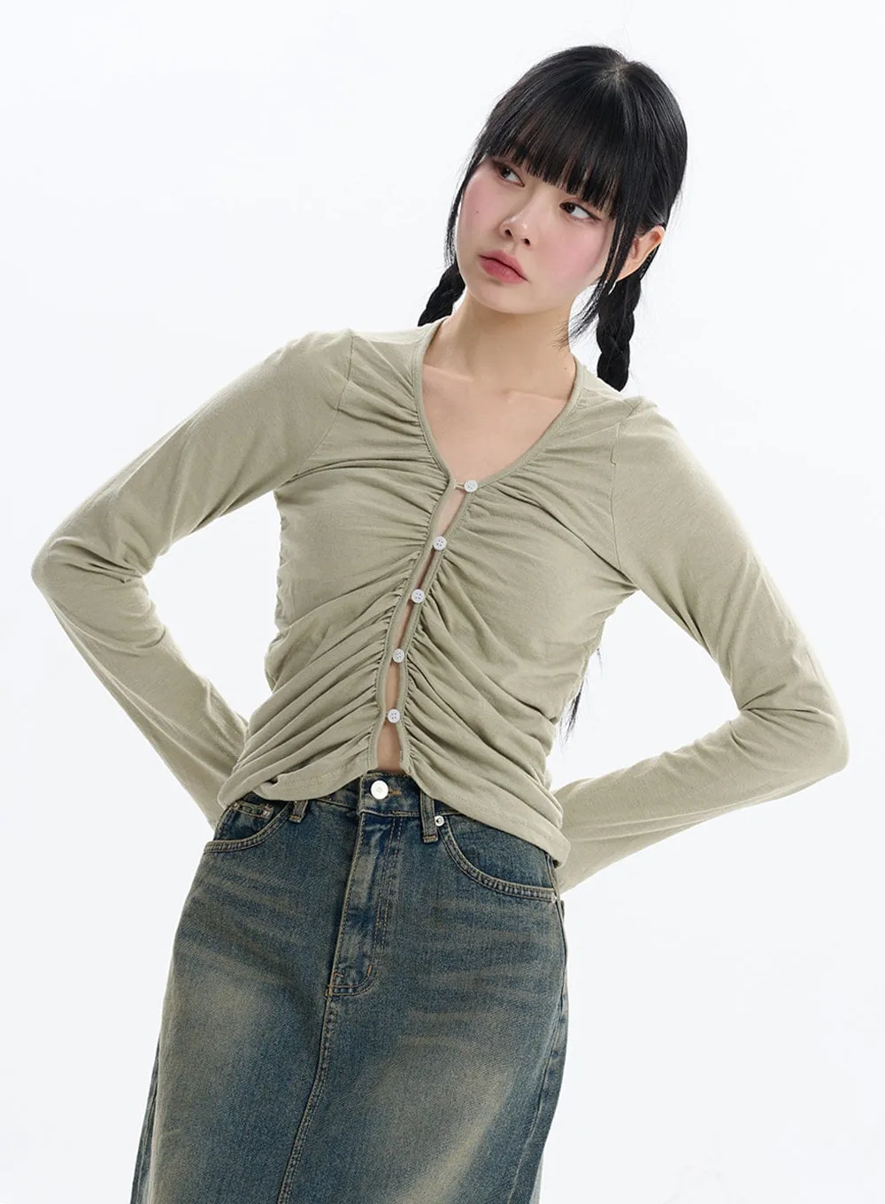 Ruched Button Crop Long Sleeve IF413