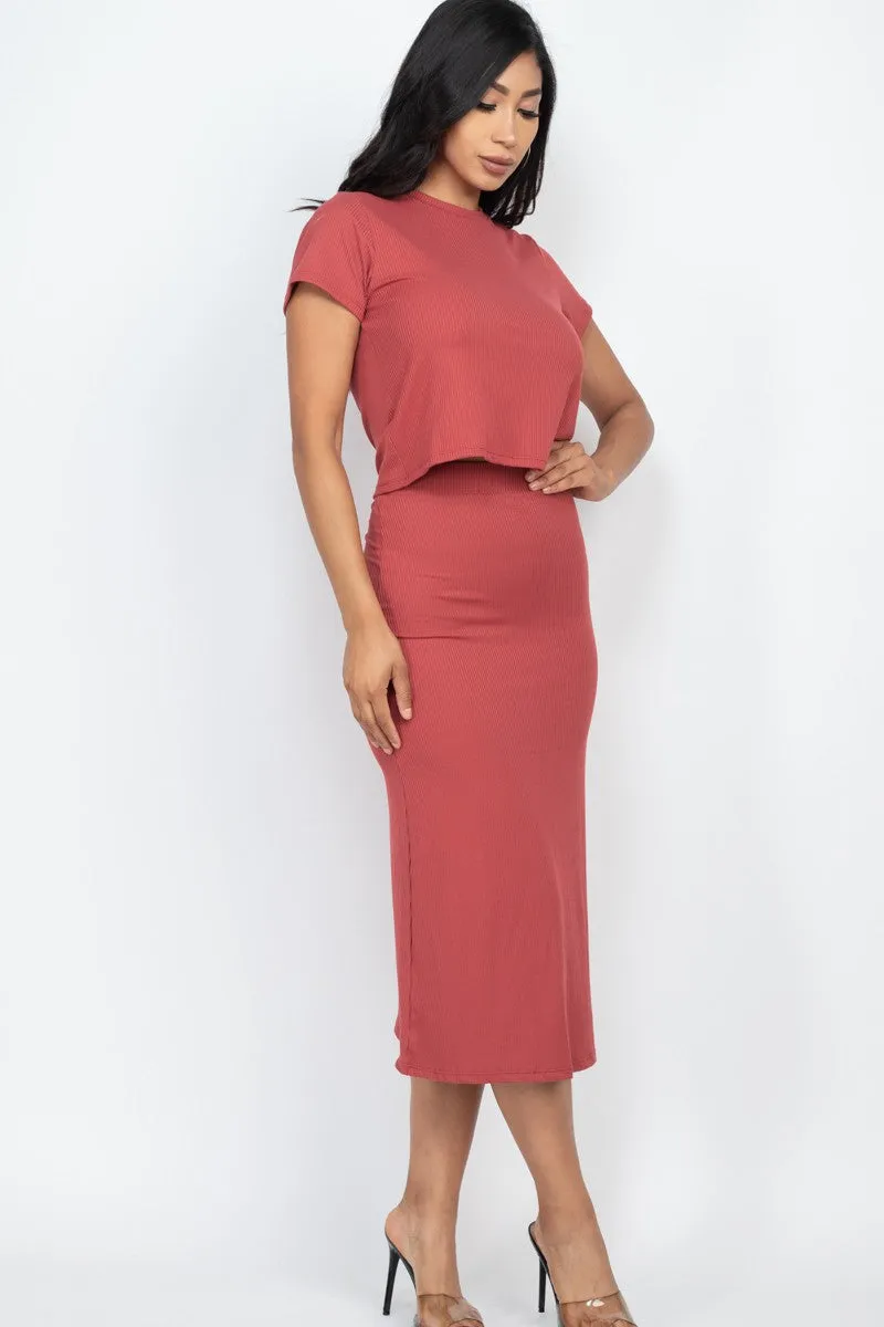 Short Sleeve Ribbed Top & Midi Skirt Set