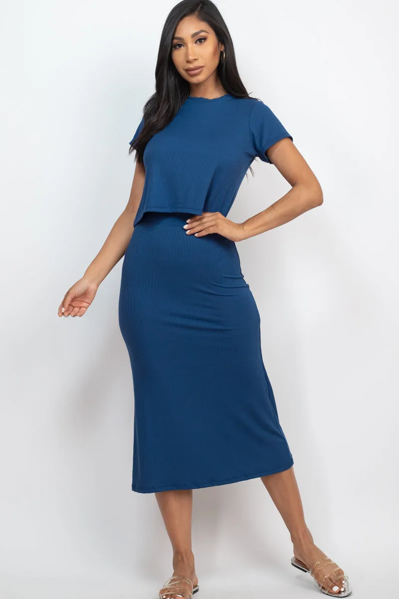 Short Sleeve Ribbed Top & Midi Skirt Set