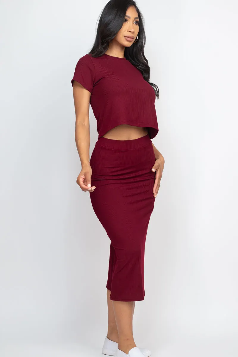 Short Sleeve Ribbed Top & Midi Skirt Set