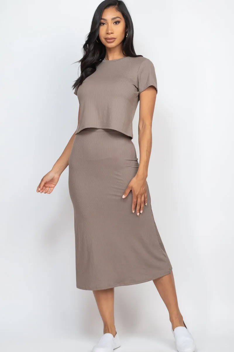 Short Sleeve Ribbed Top & Midi Skirt Set