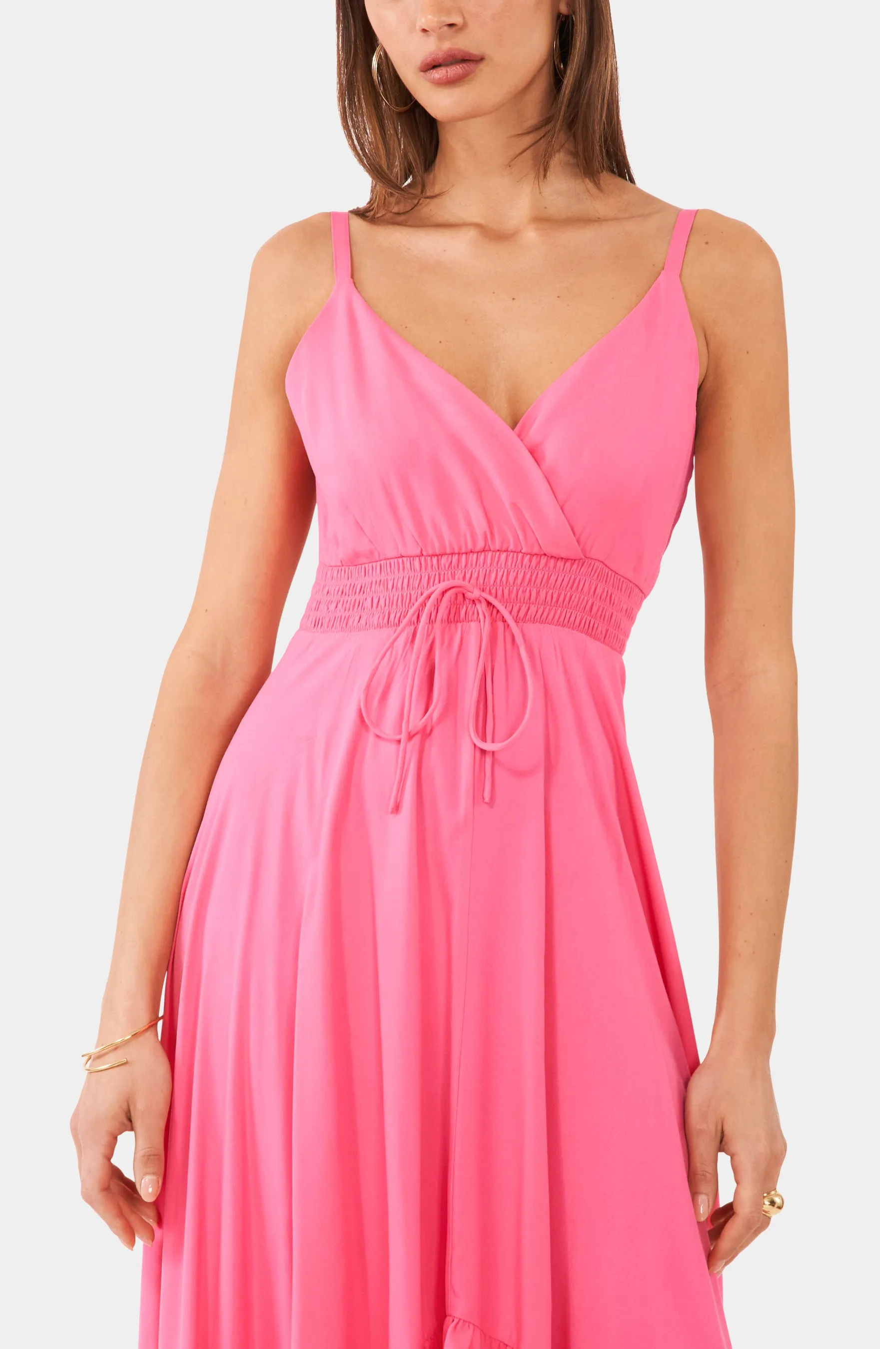 Sleeveless Surplice V-Neck High-Low Challis Maxi Dress