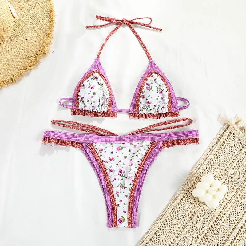 Strap Split Swimsuit Women Sexy Patchwork Backless Print Bikini