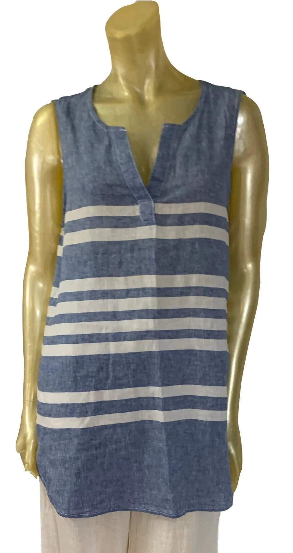 Striped sleeveless split neck top