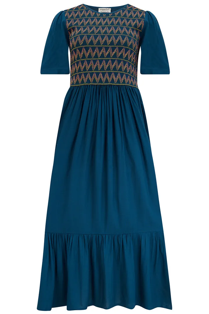 Sugarhill Brighton Brielle Washed Navy Zigzag Shirring Midi Shirred Dress