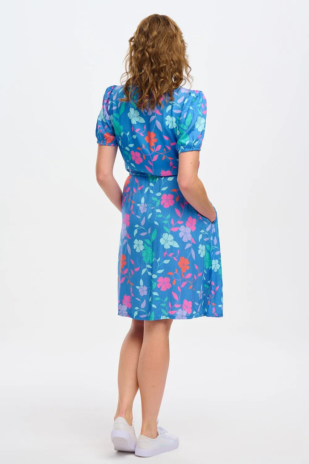 Sugarhill Brighton Salma Blue Rainbow Floral Vine Midi Shirt Dress