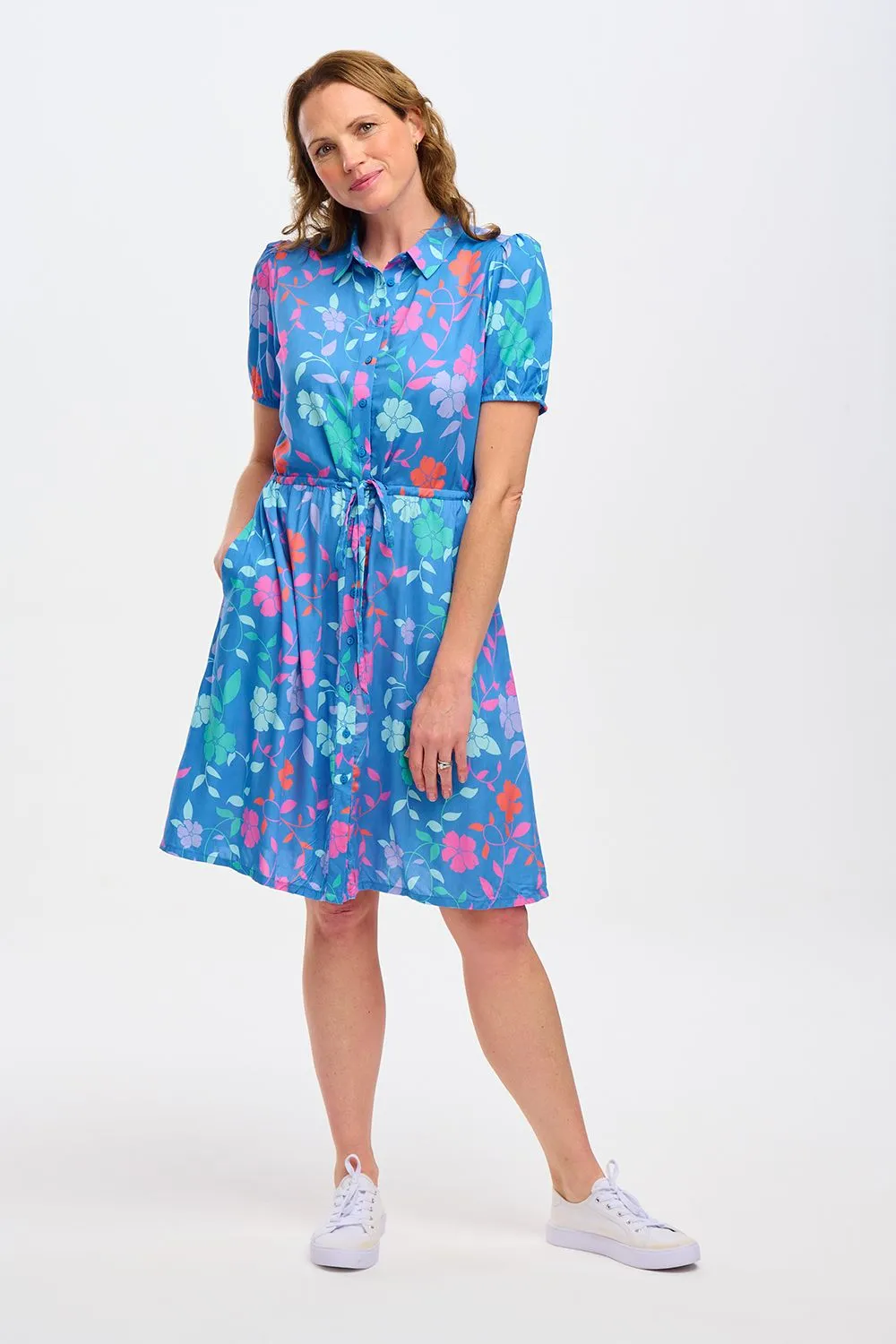 Sugarhill Brighton Salma Blue Rainbow Floral Vine Midi Shirt Dress