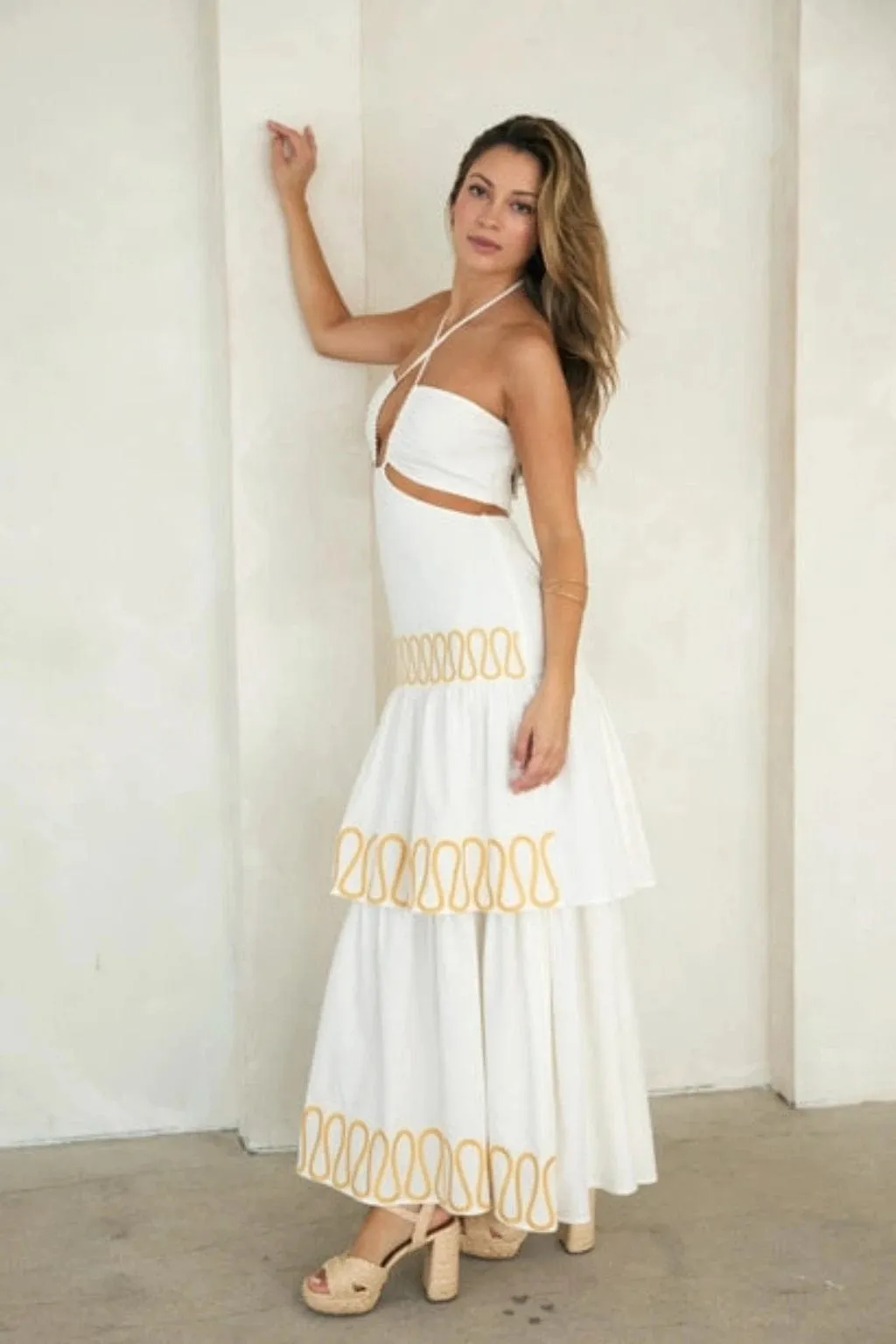 Time embroidery Maxi Dress Off White