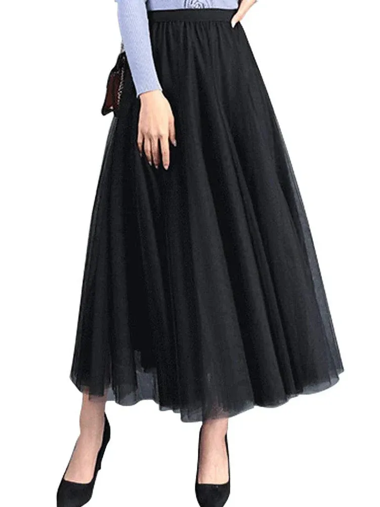 Versatile Tulle Midi Skirt for Women - Black, White, Pink, and Camel