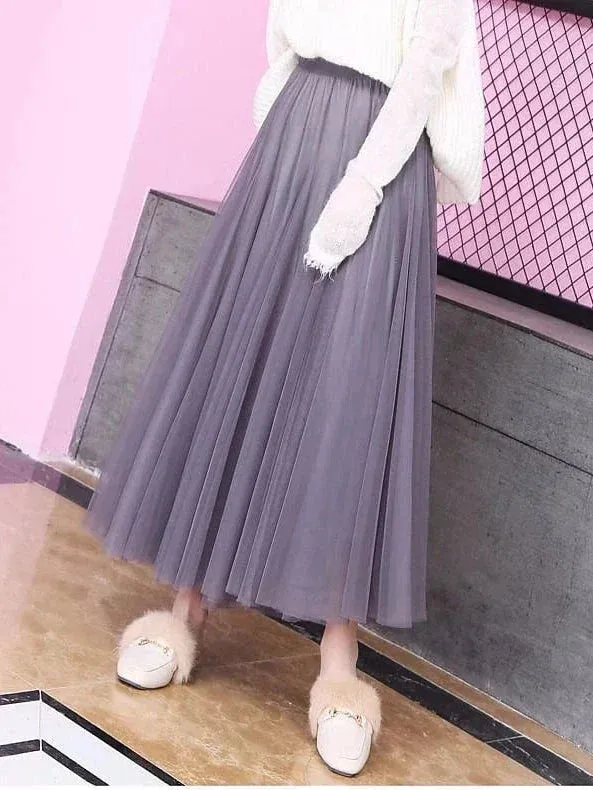 Versatile Tulle Midi Skirt for Women - Black, White, Pink, and Camel